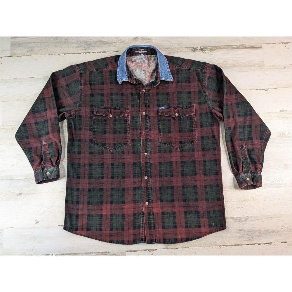 Vintage Guess Shirt Mens Large Plaid Corduroy Georges Marciano Denim Collar USA